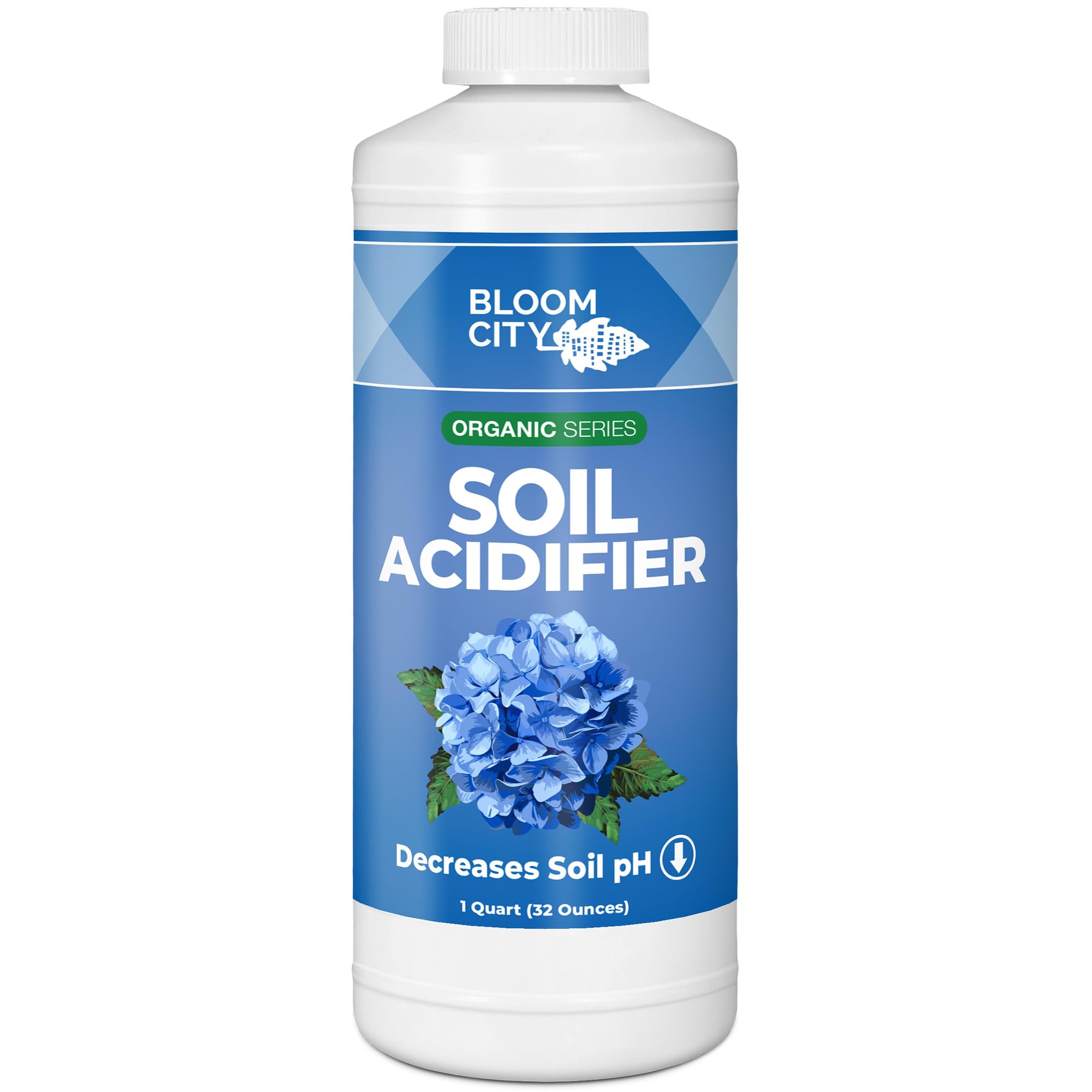 Bloom City Organic Soil Acidifier bottle for blueberries boosts soil pH balance and nutrient uptake