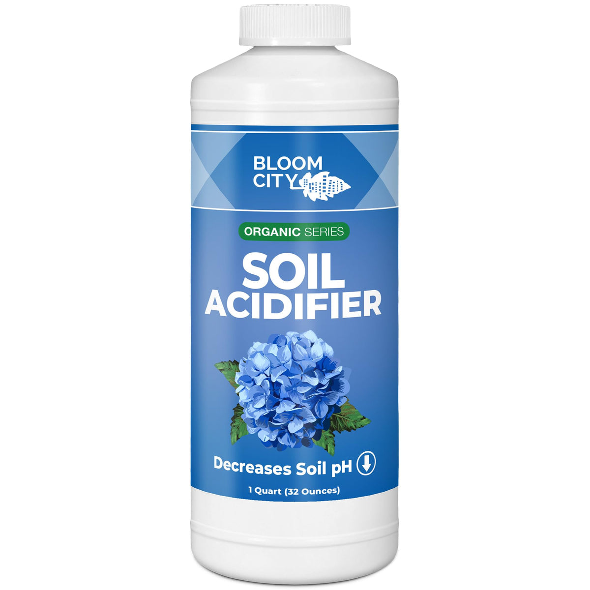 Bloom City Organic Soil Acidifier bottle for blueberries boosts soil pH balance and nutrient uptake