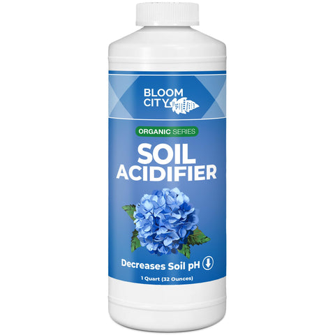 Bloom City Organic Soil Acidifier bottle for blueberries boosts soil pH balance and nutrient uptake