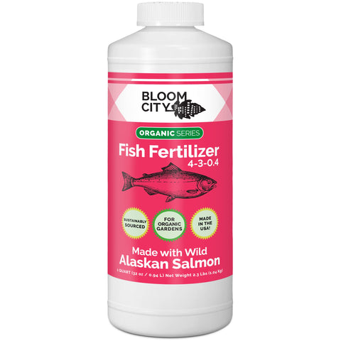 Bloom City Organic Wild Fish Fertilizer bottle delivers soil nutrients for healthier roots.