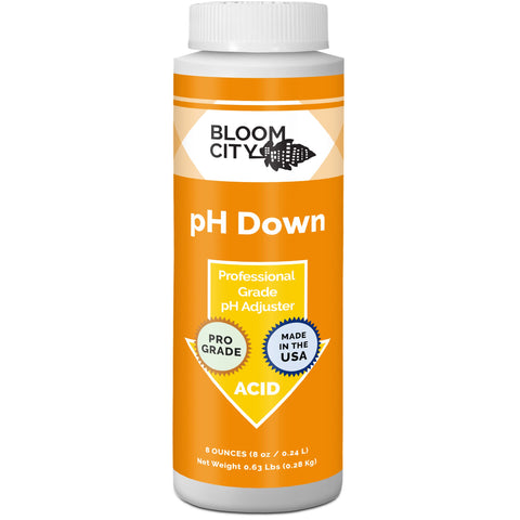 Bloom City pH Down bottle front view for stable irrigation pH.