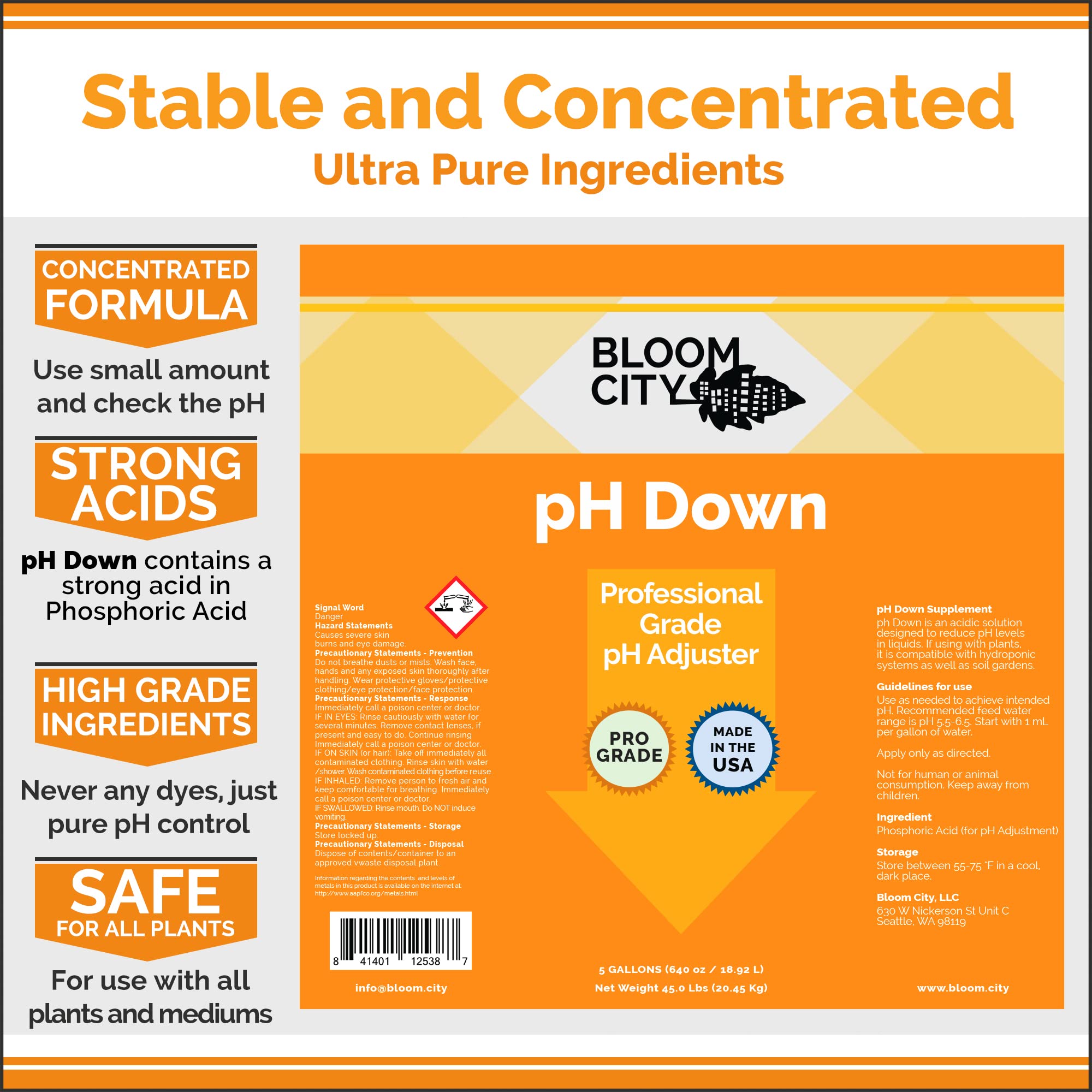 Bloom City pH Down bottle label closeup highlighting premium formulation.