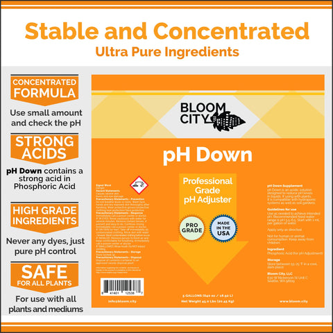 Bloom City pH Down label closeup with usage guidance for growers