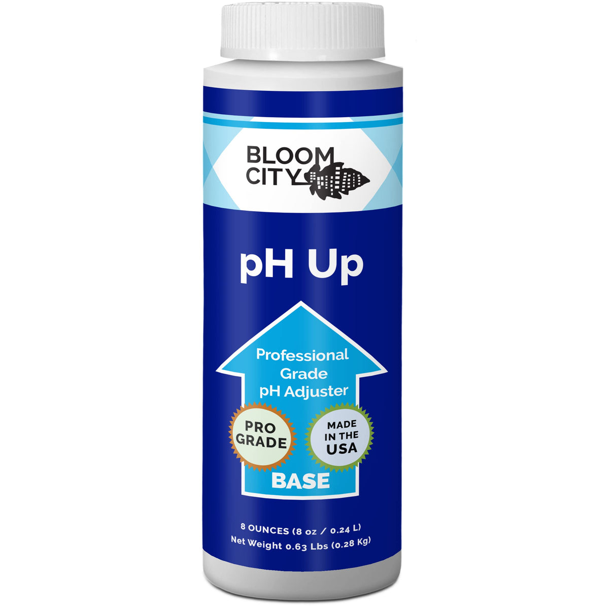 Bloom City pH Up bottle with label enables precise pH adjustment for nutrients