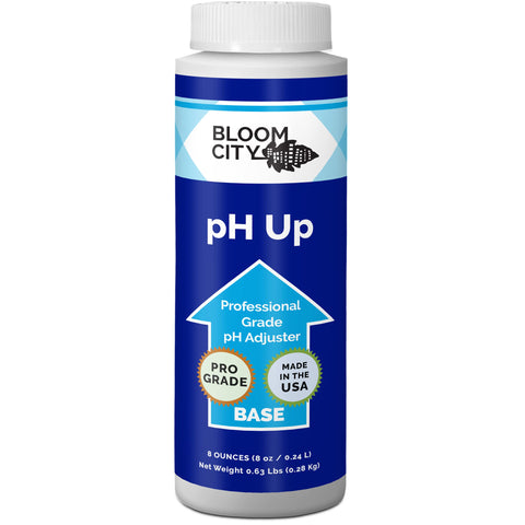 Bloom City pH Up bottle with label enables precise pH adjustment for nutrients