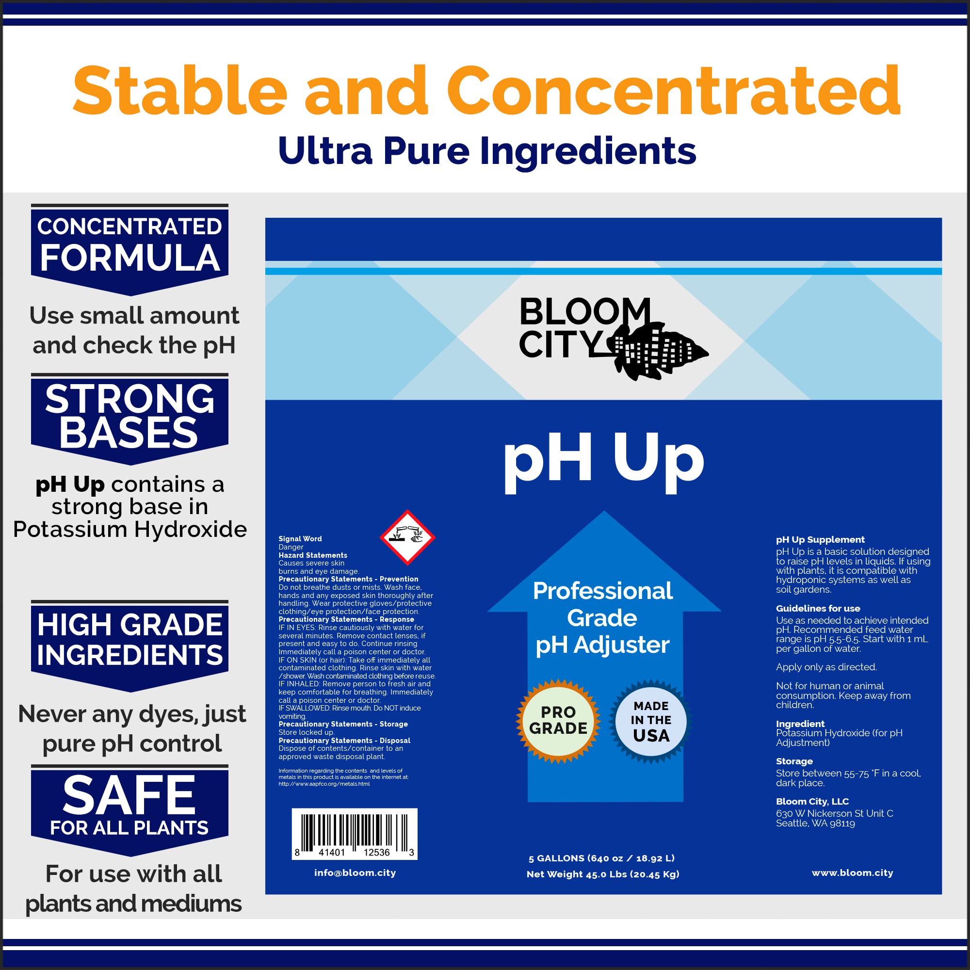Bloom City pH Up beside measuring cup for accurate dosing