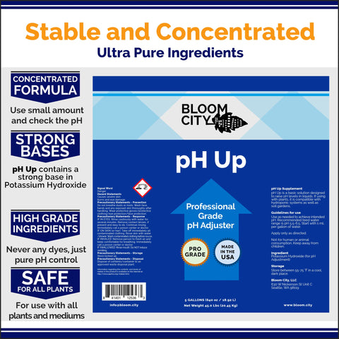 Bloom City pH Up beside measuring cup for accurate dosing