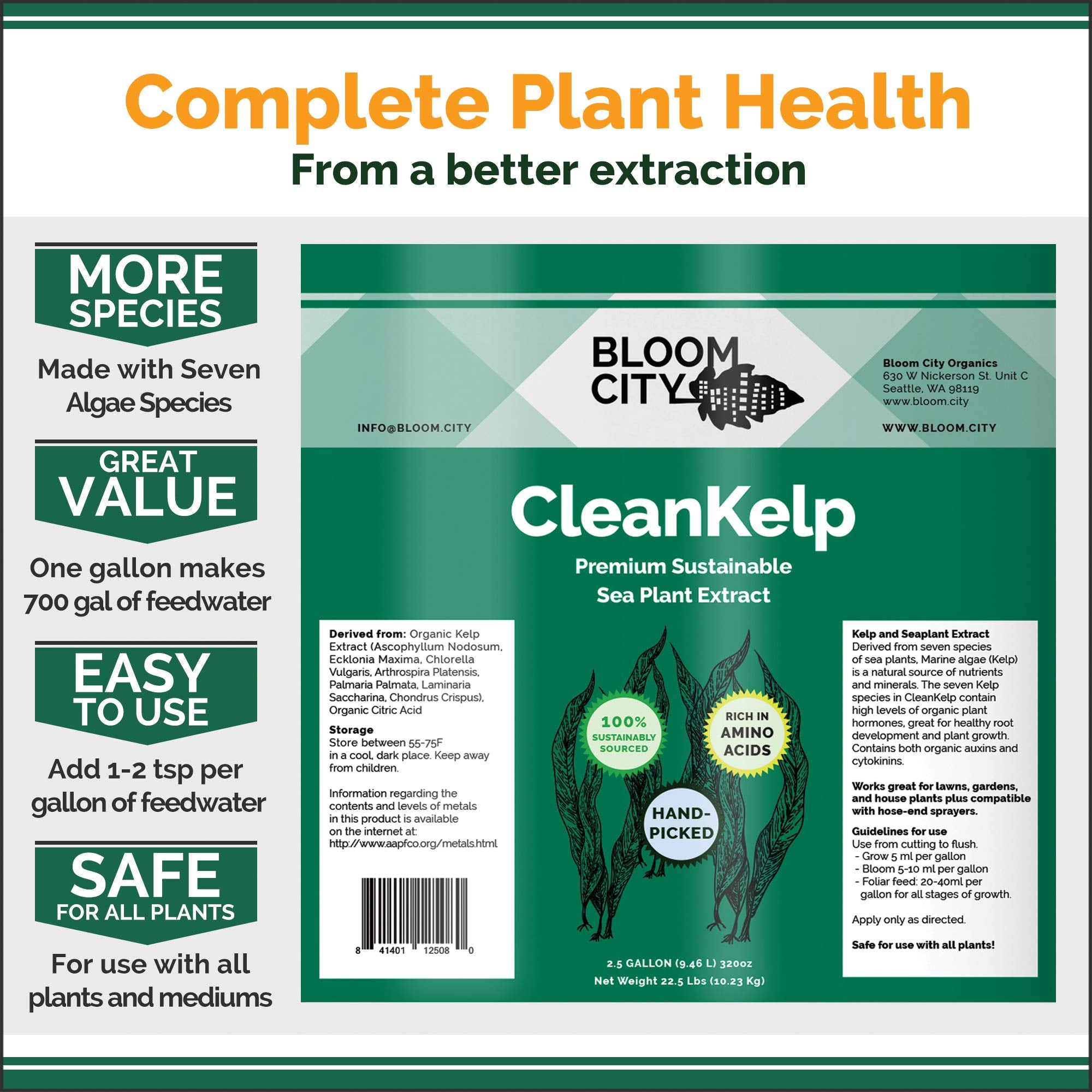 Bloom City seaweed fertilizer drops highlight quick-acting nutrients beneath the leaf canopy.