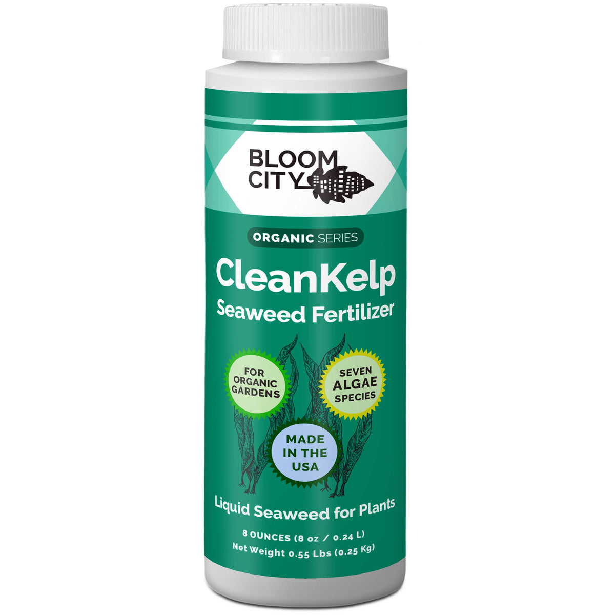 Bloom City seaweed fertilizer bottle pour demonstrates easy application for stronger roots.