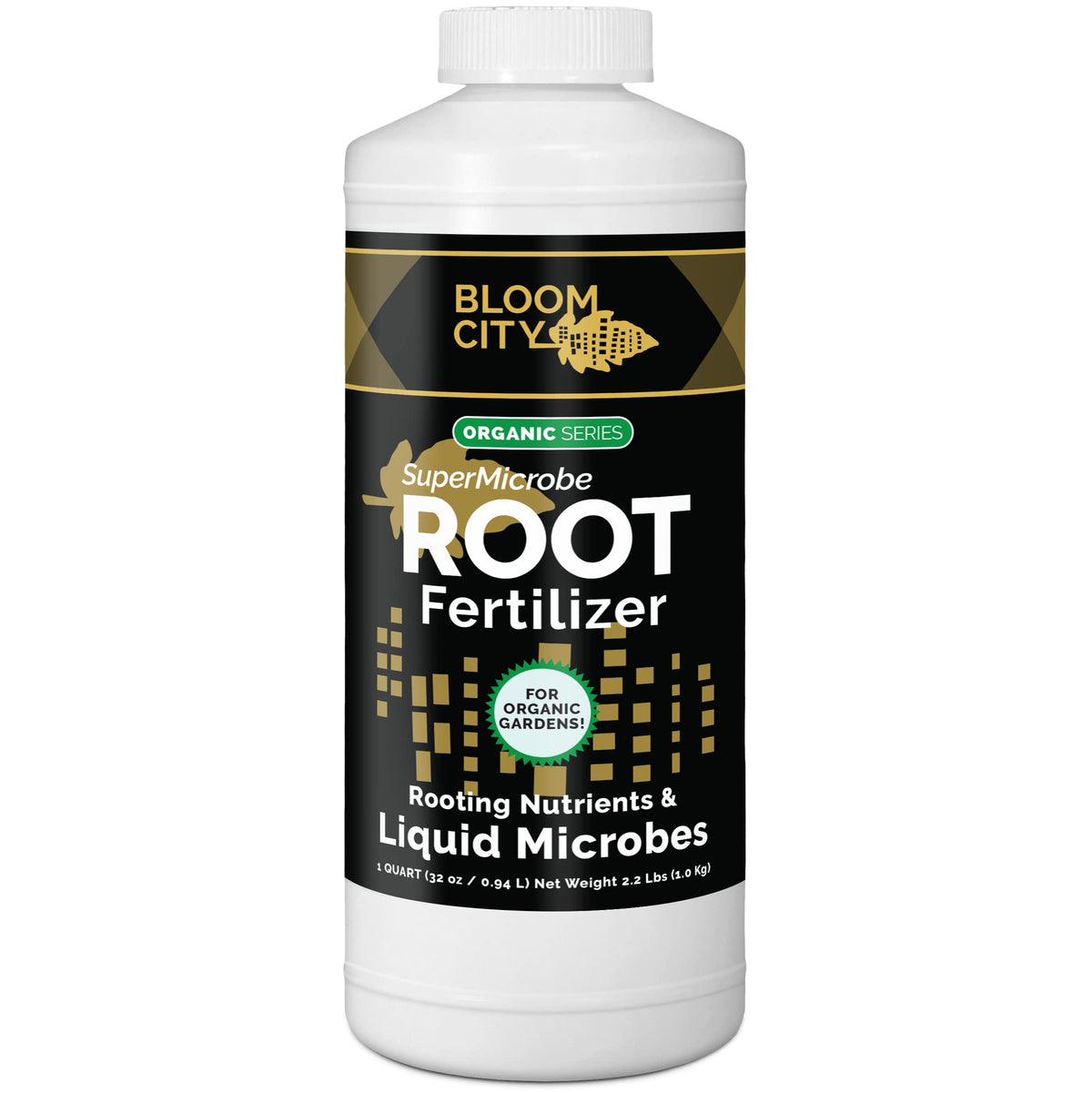 Bloom City SuperMicrobe root fertilizer bottle promotes healthy root growth
