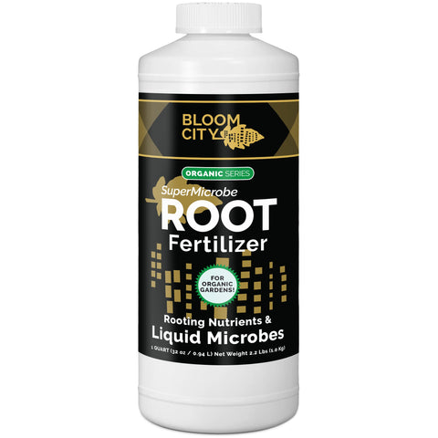 Bloom City SuperMicrobe root fertilizer bottle promotes healthy root growth