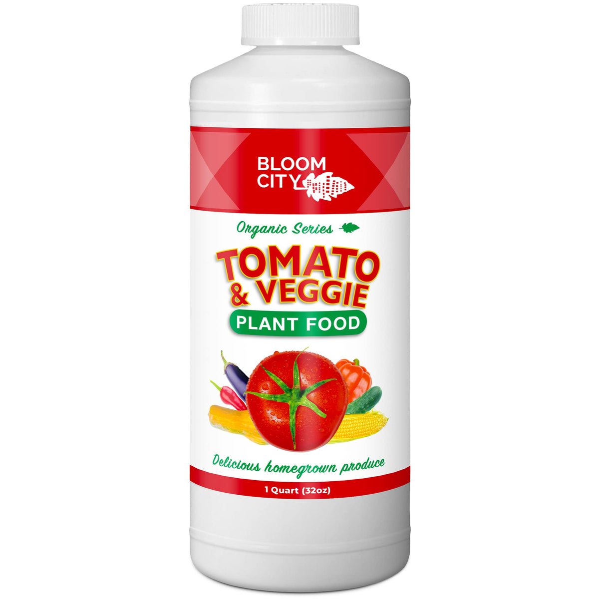 Bloom City Tomato & Veggie Plant Food bottle front view for robust tomato growth.