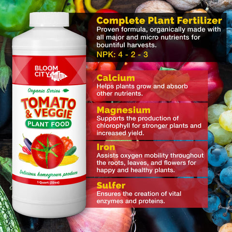 Bloom City Tomato & Veggie Plant Food used in garden bed with thriving plants.