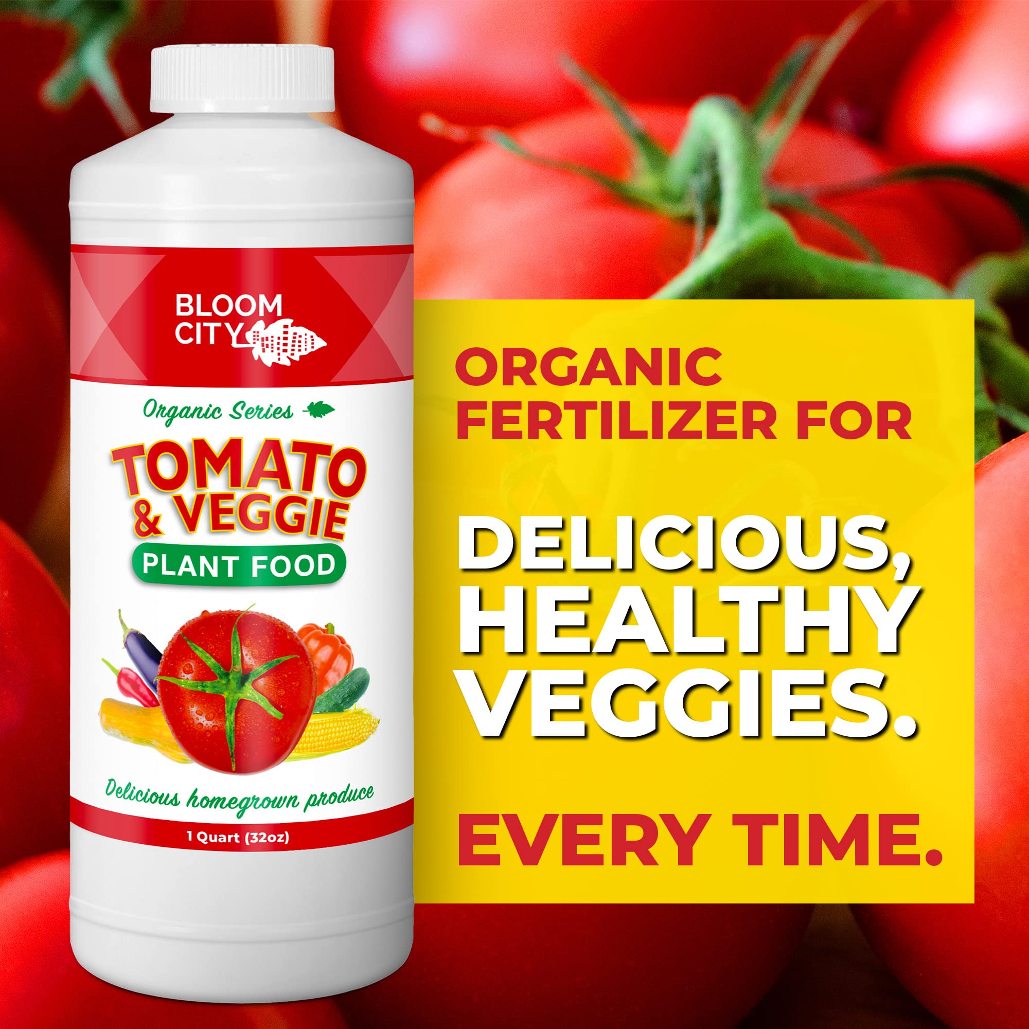 Bloom City Tomato & Veggie Plant Food label close-up highlighting balanced nutrition for steady growth.