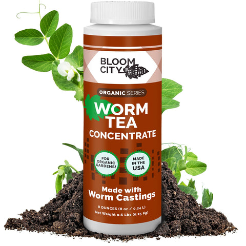 Bloom City worm tea concentrate bottle demonstrates soil nourishment for plants