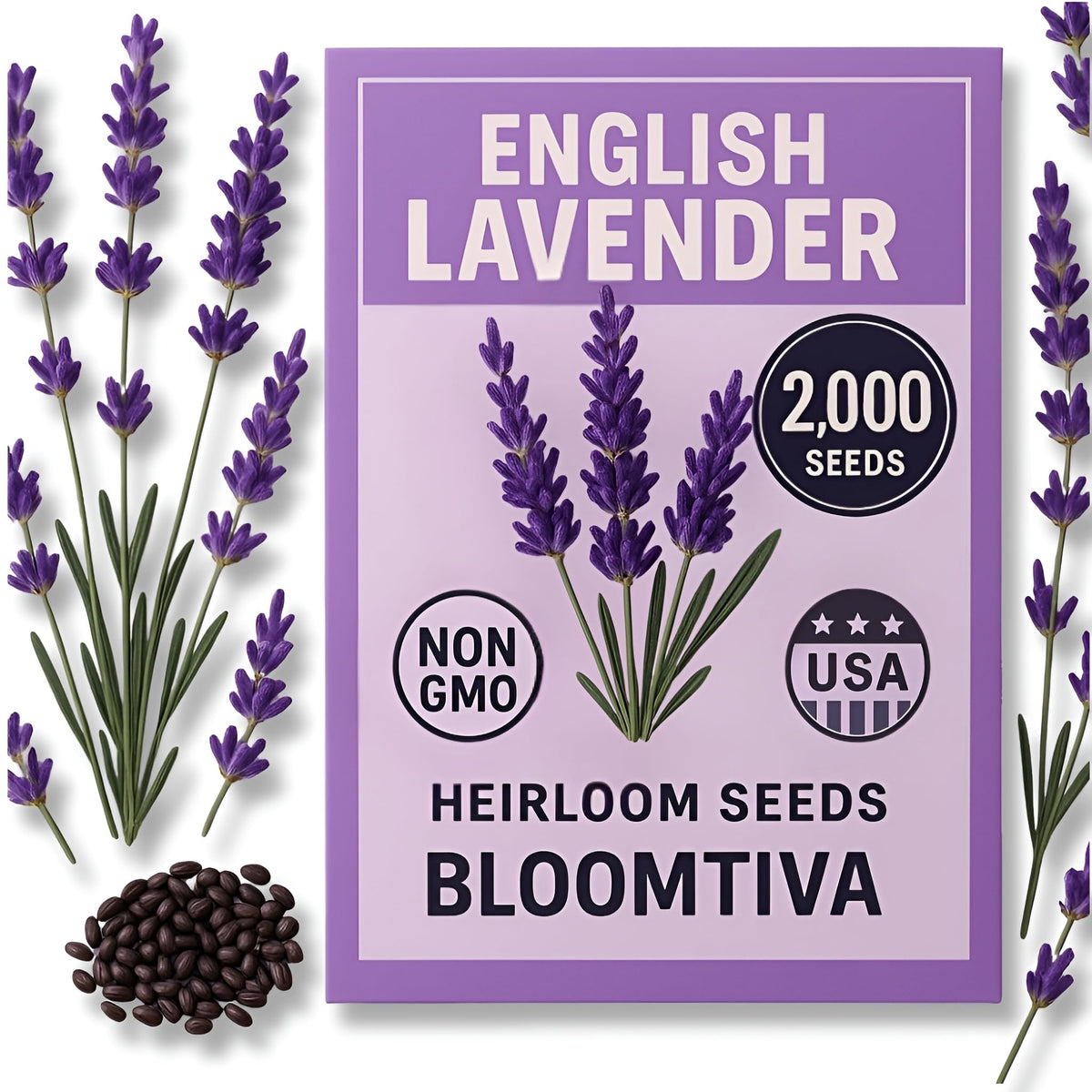 Bloomtiva Premium English Lavender Seeds pack for indoor and outdoor planting.