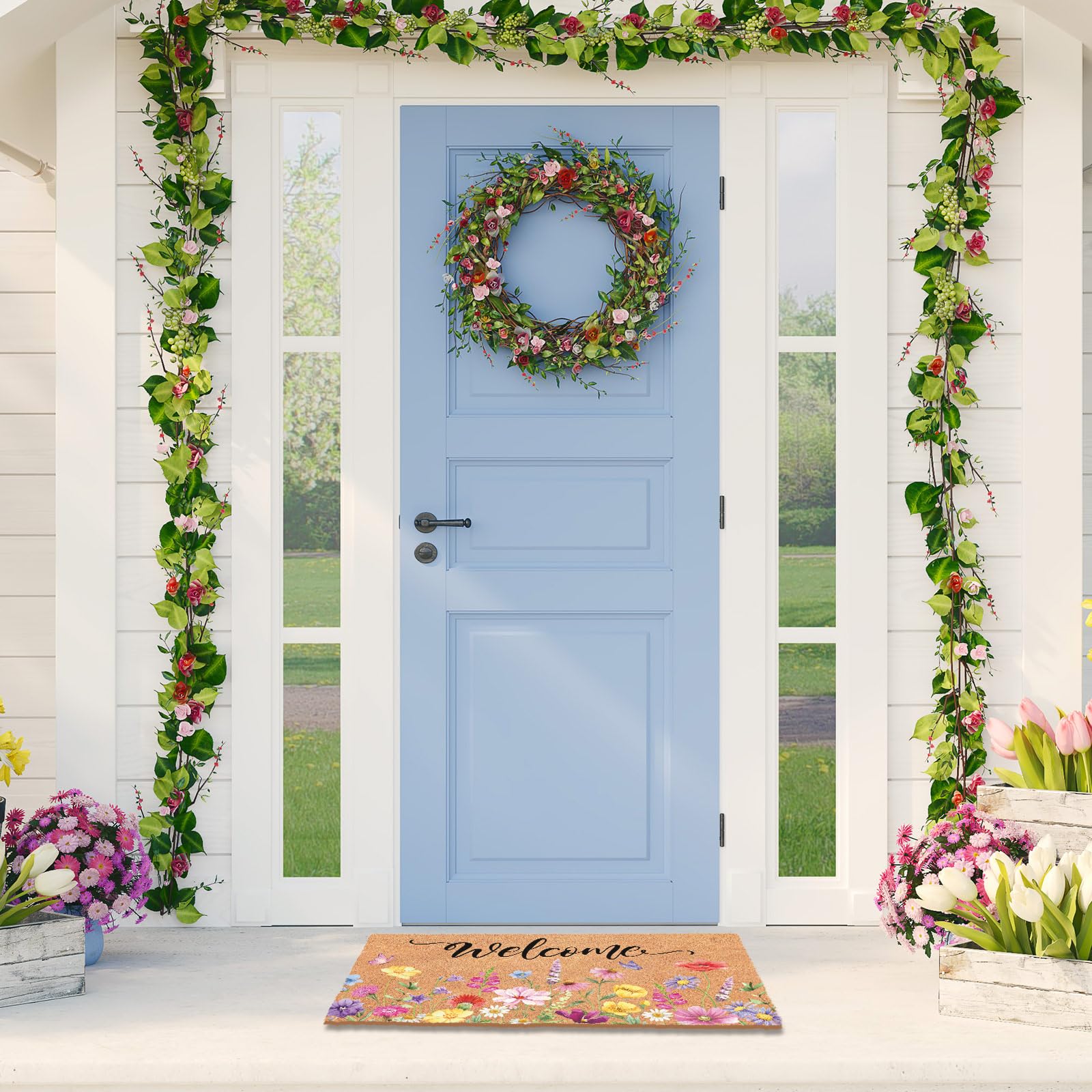 Blosssound flowers and butterflies front-door mat adds color and curb appeal.