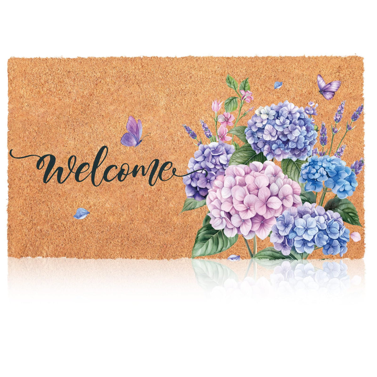 Blosssound hydrangea coir doormat welcome with butterflies; durable entrance mat for indoor and outdoor use