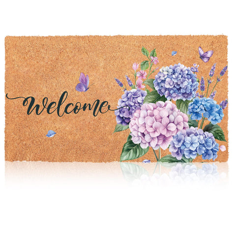 Blosssound hydrangea coir doormat welcome with butterflies; durable entrance mat for indoor and outdoor use