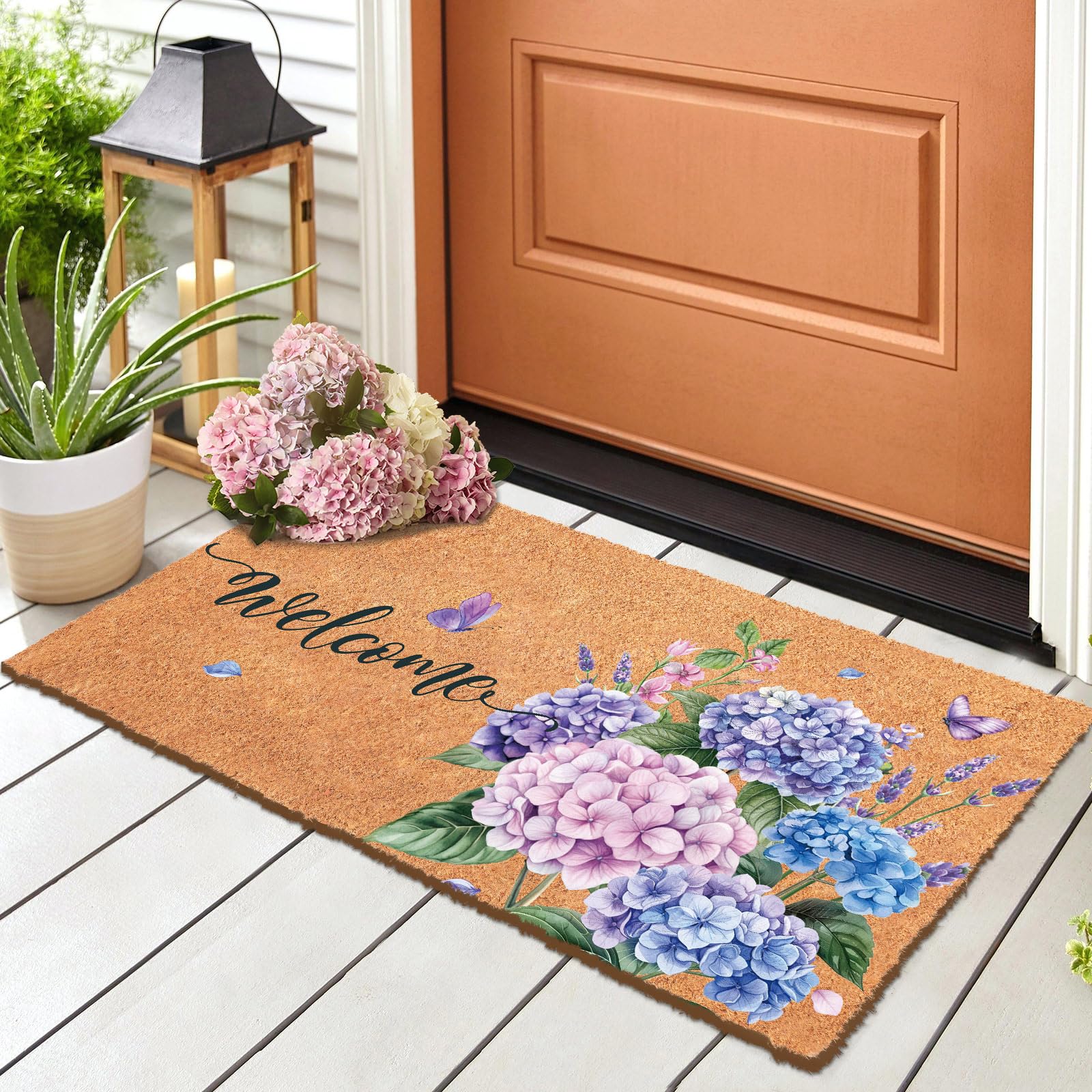 Blosssound hydrangea design with butterflies; soft texture and natural fibers ideal for inviting porches