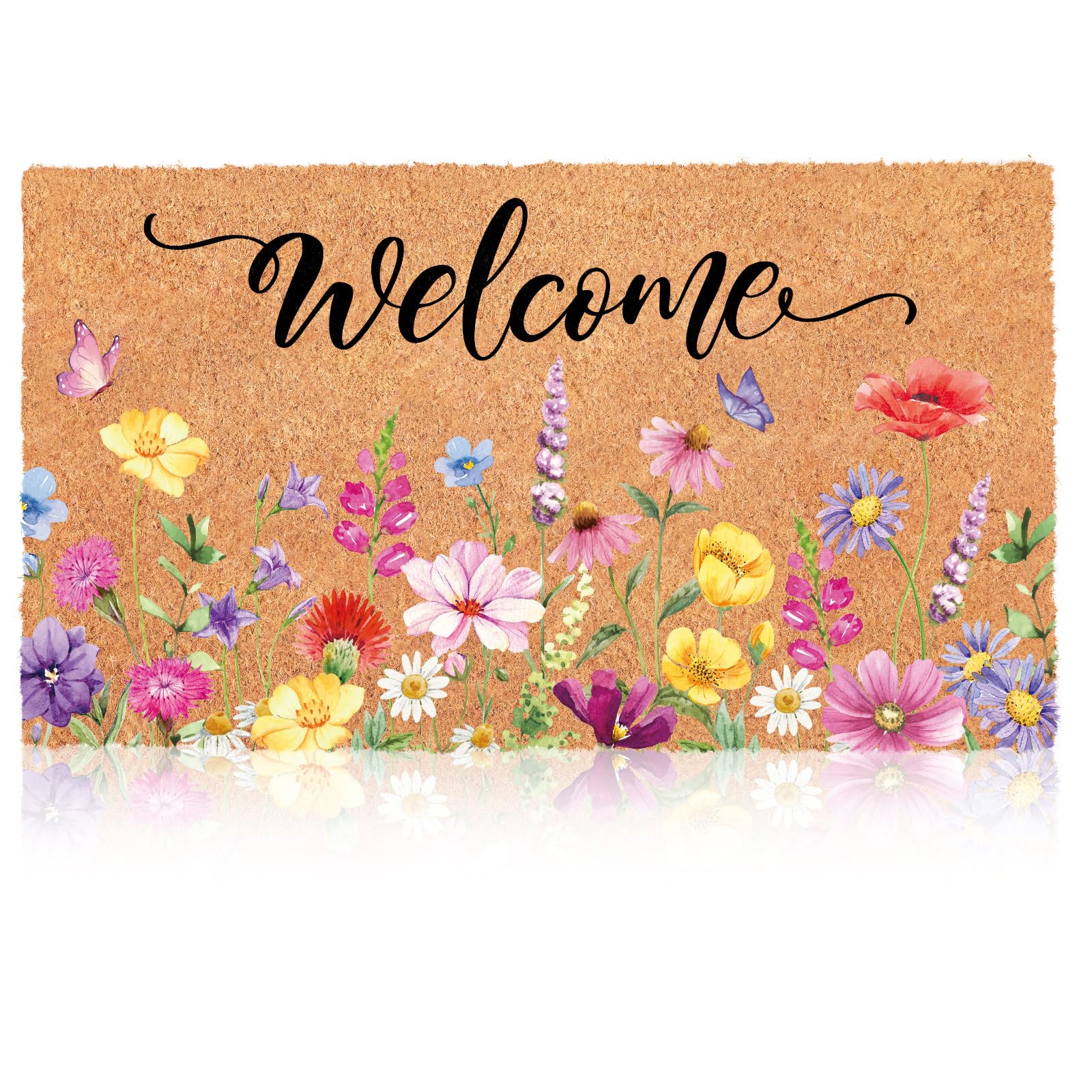 Blosssound spring floral doormat greets guests with natural coir texture for spring entryways.