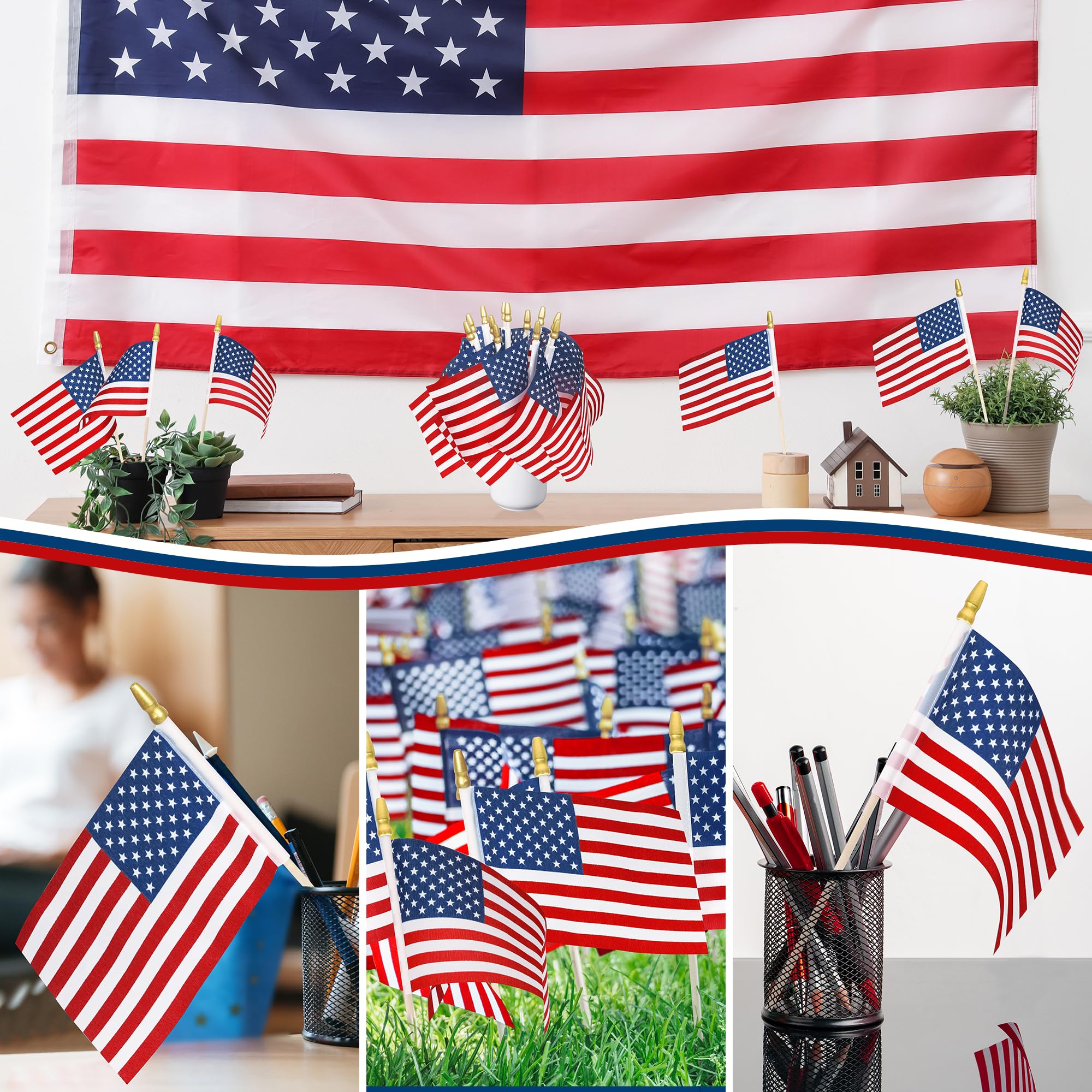 Blowata safe, sturdy flags with flat-bottom spearhead sticks ready to display