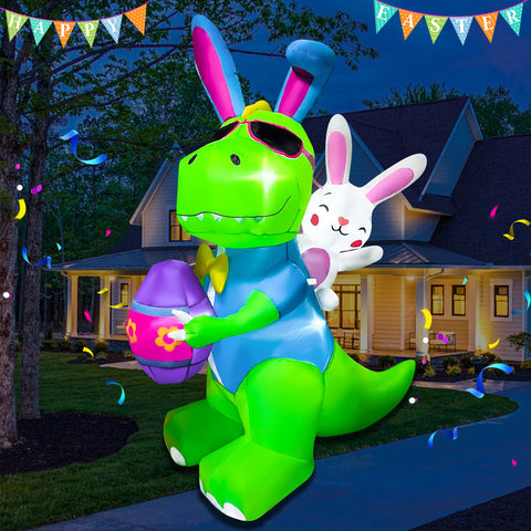 BLOWOUT FUN 6FT Easter inflatable dinosaur with egg lights for outdoor display