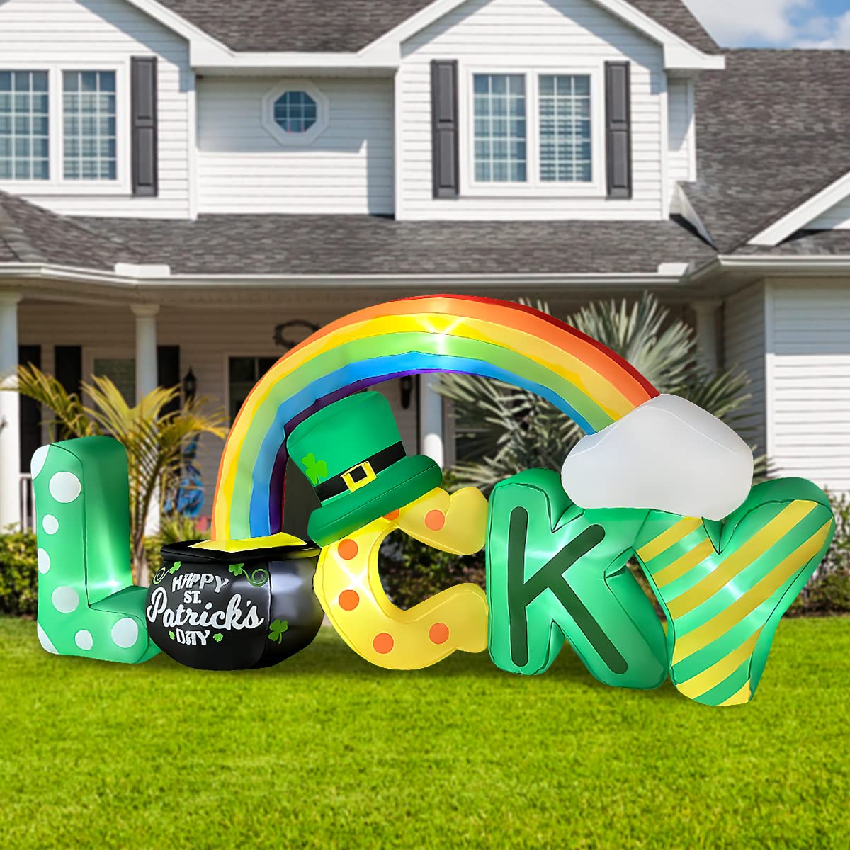 BLOWOUT FUN Built-in LED illumination enhances nighttime yard display.