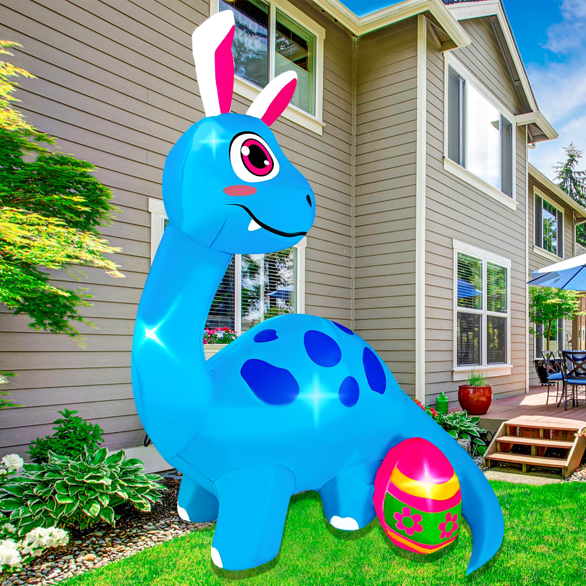 BLOWOUT FUN dinosaur with bunny ears stands tall outdoors for Easter celebrations