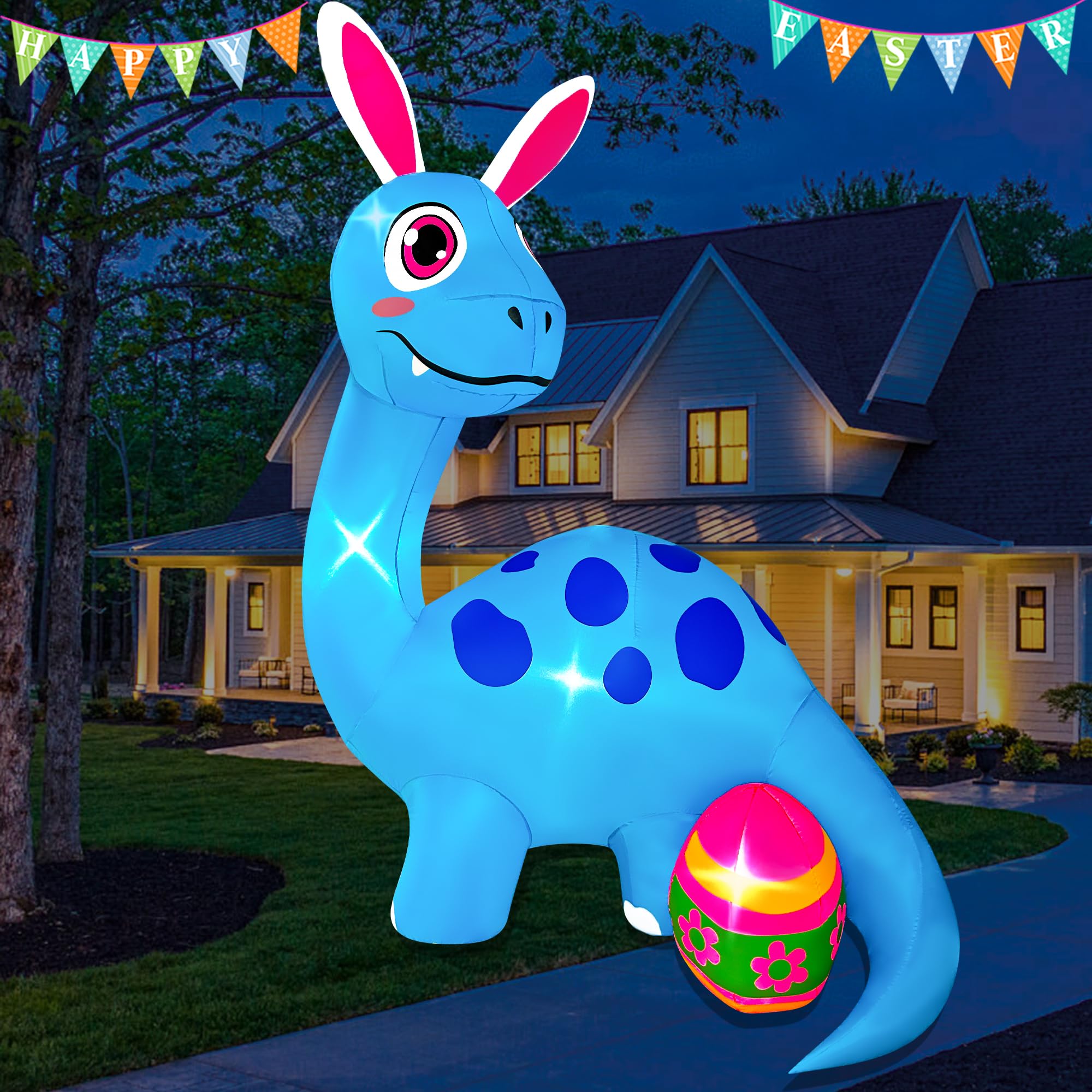 BLOWOUT FUN 8FT Easter inflatable dinosaur with bunny ears glows for yard visibility