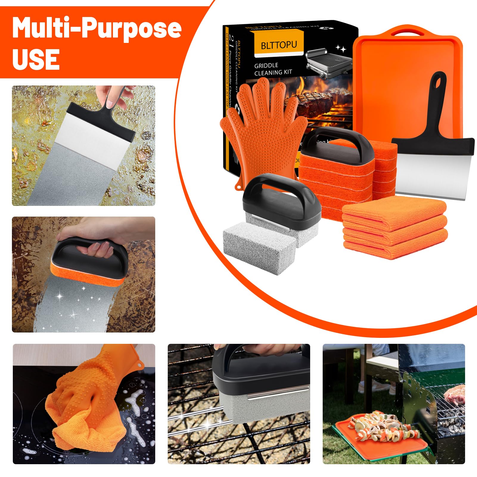 BLTTOPU 21-piece griddle cleaning kit assembled for outdoor cooking