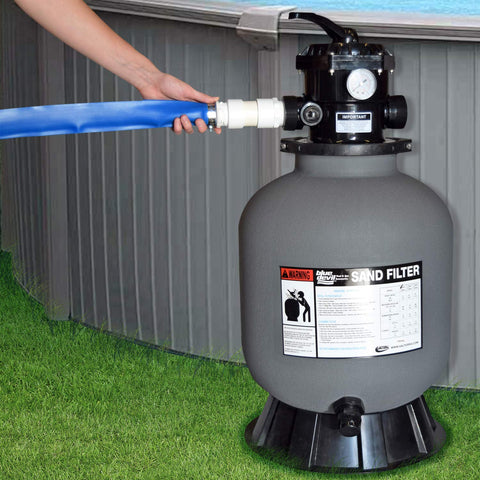 Blue Devil backwash hose storage view suggests easy coil and tidy pool setup.