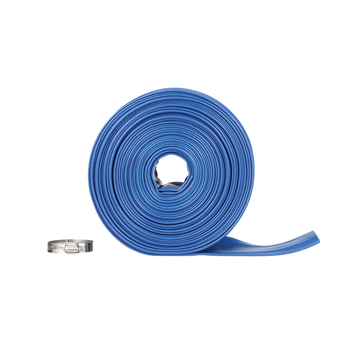 Blue Devil backwash hose front view shows sturdy 75ft reach for easy filter cleaning.