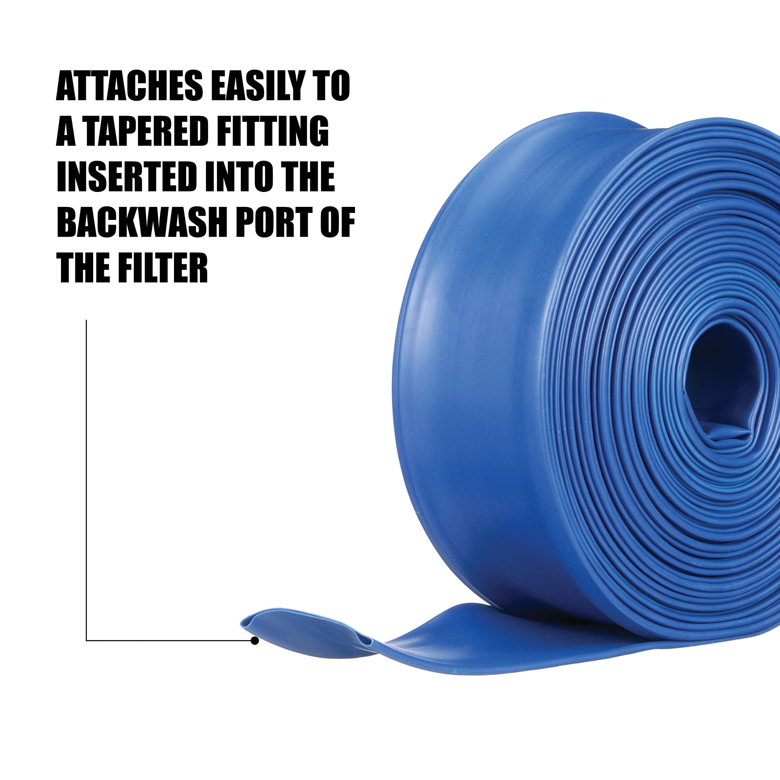 Blue Devil backwash hose side view highlights reinforced vinyl for heavy-duty pool tasks.