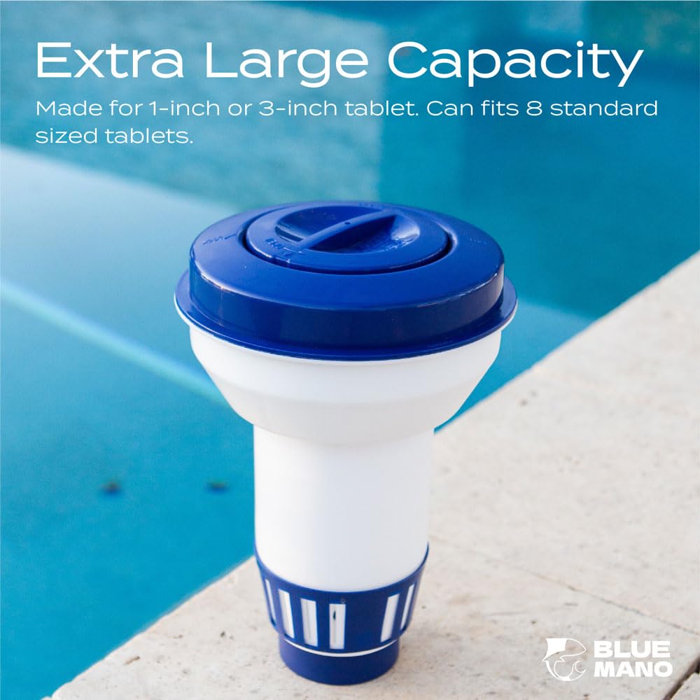 Blue Mano adjustable-flow control lets you tailor chlorine release rate.