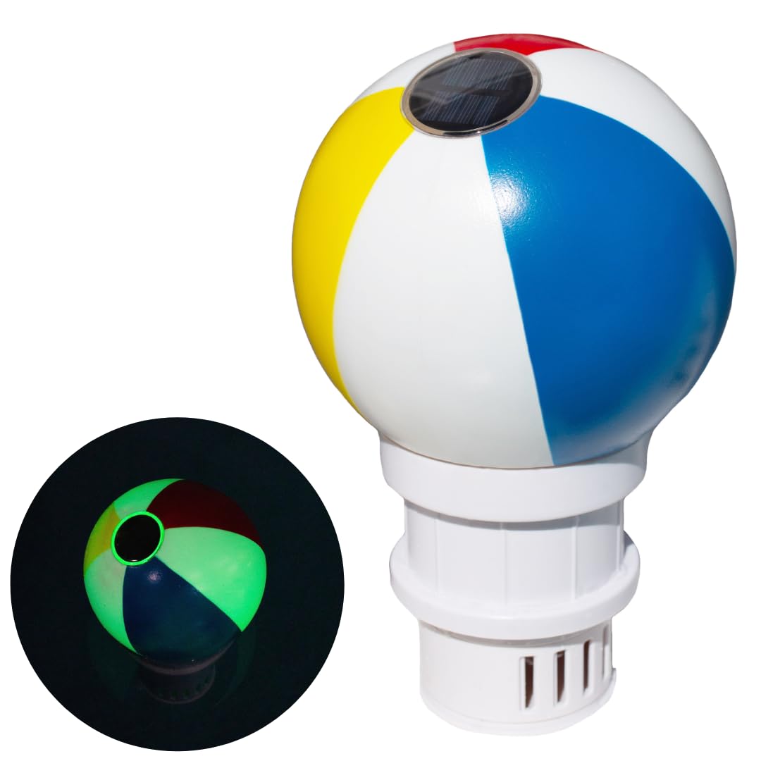 Blue Mano Beach Ball chlorine dispenser in pool, blending playfulness with steady tablet release.