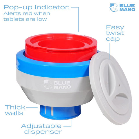Blue Mano chlorine floater refill warning indicator visible during pool maintenance