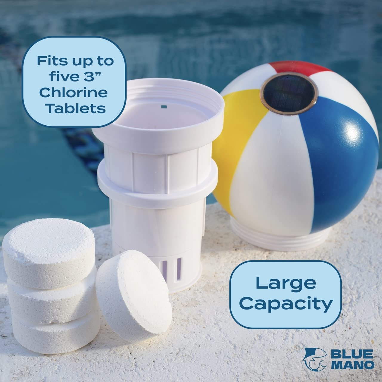 Blue Mano durable material construction withstands sun, water, and chlorine exposure.