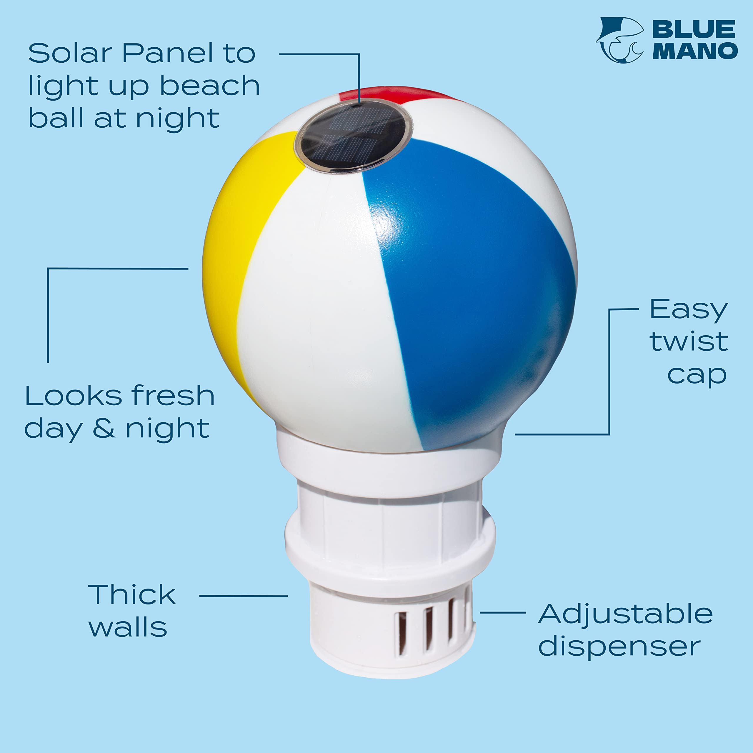 Blue Mano light-up beach ball feature enhances nighttime pool visibility and ambience.
