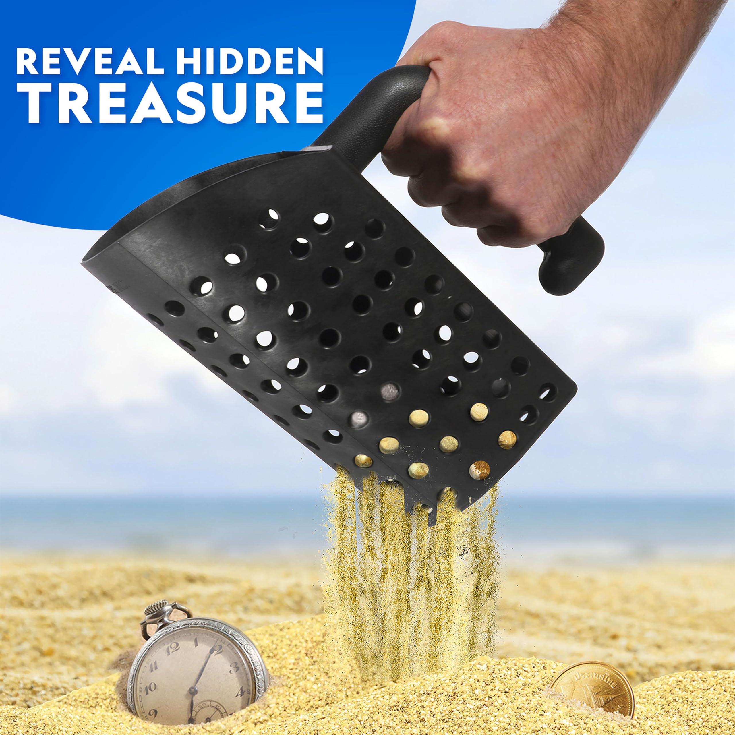 Blue Marble metal detector shovel, sturdy digging tool for beach finds.