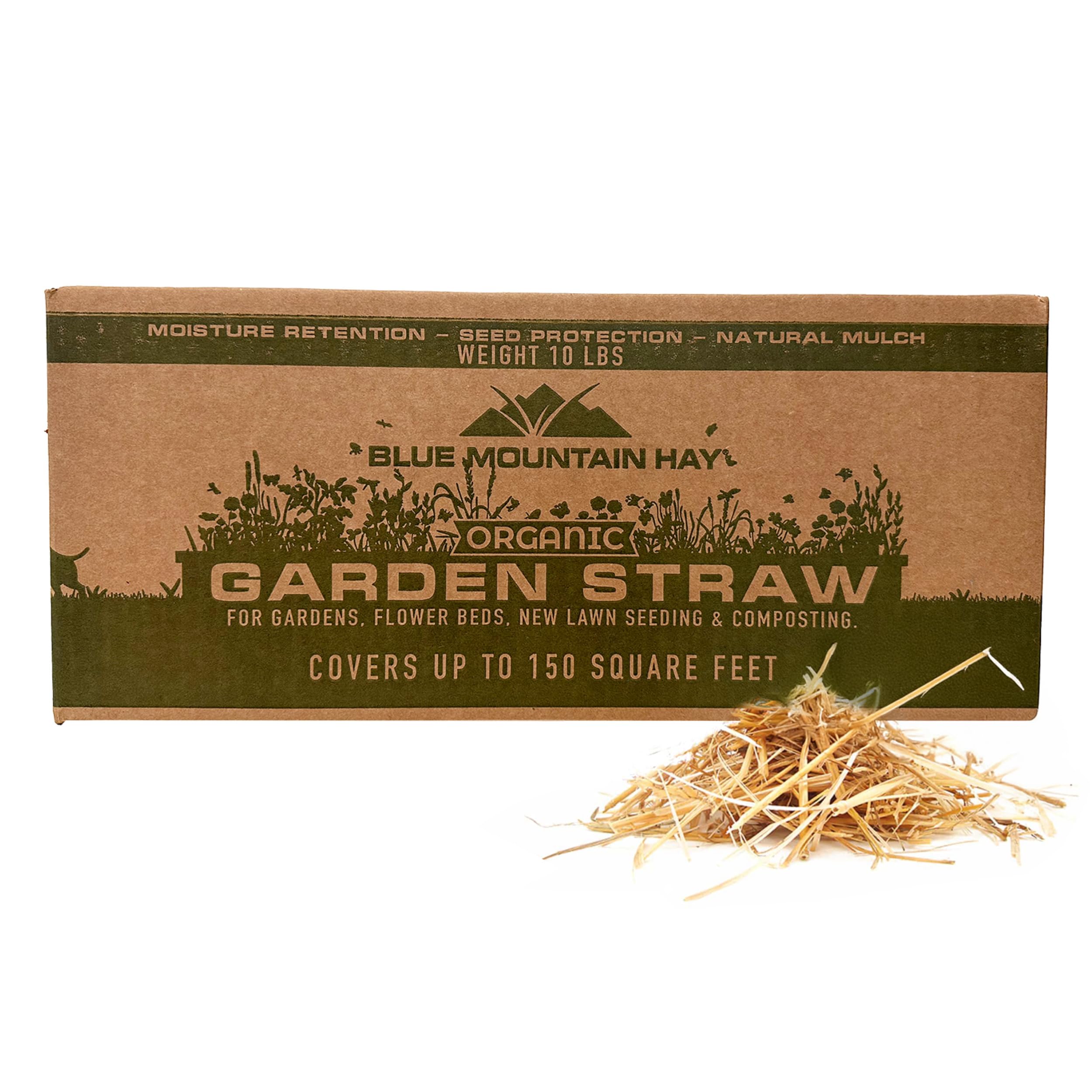 Blue Mountain Hay Organic Garden Straw covers garden beds for even mulch distribution.