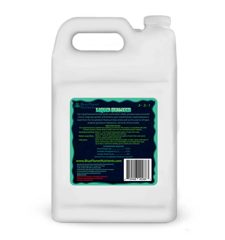 Blue Planet Nutrients liquid kelp pour showing easy dosing for soil, hydroponics, and coco