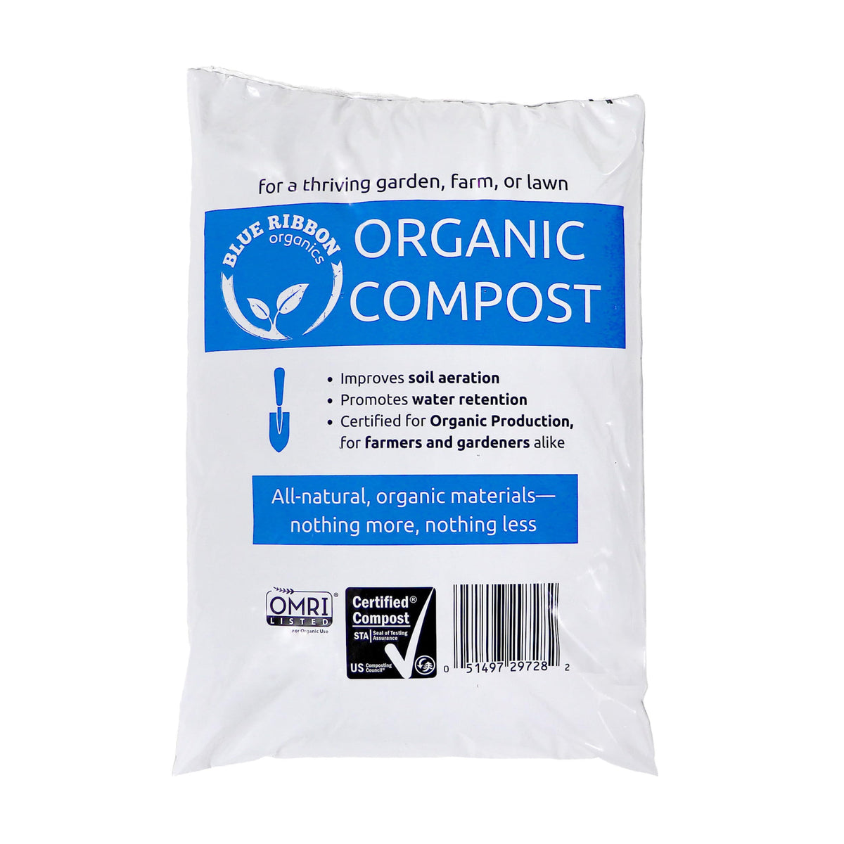 Blue Ribbon Organics compost bag closeup, rich texture for soil amendment.