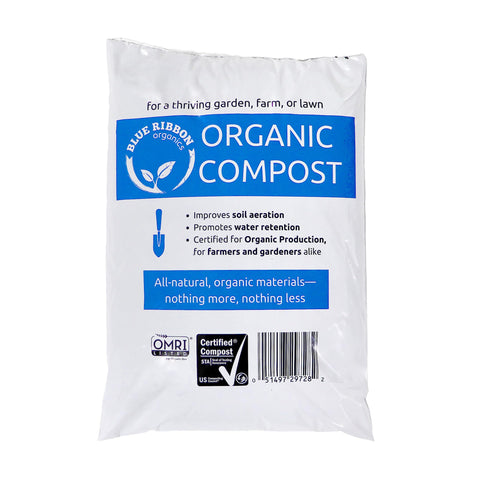 Blue Ribbon Organics compost bag front with OMRI-certified formula