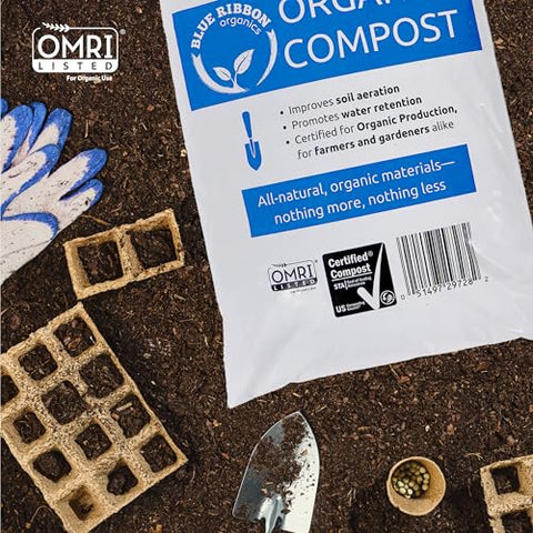 Blue Ribbon Organics compost bag label showing organic production