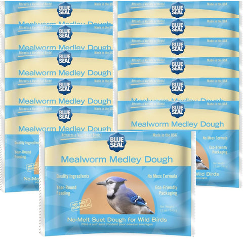 Blue Seal Mealworm Medley cake packaging highlights melt-resistant performance for year-round feeding.