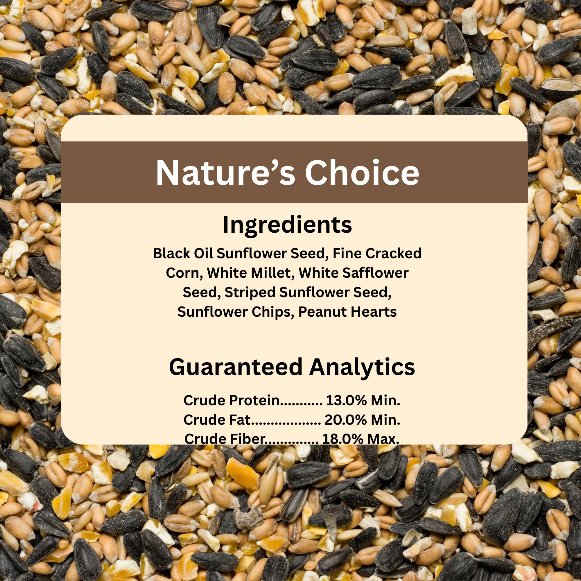 Blue Seal Nature's Choice ingredients list: sunflower, safflower, millet, peanuts