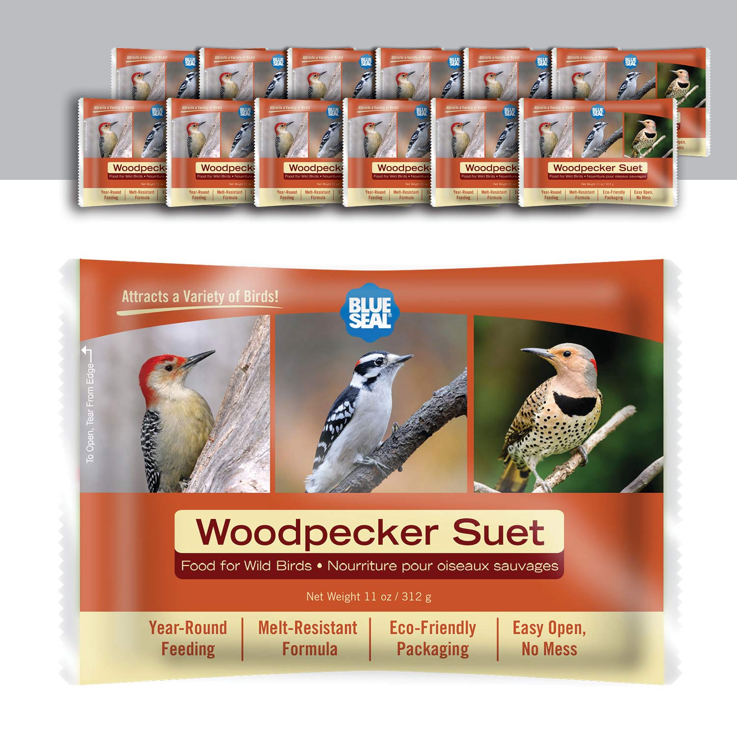 Blue Seal Woodpecker Suet Cake pack showing melt-resistant energy for year-round birds.
