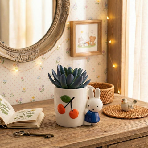 Blue Sky Clayworks Miffy Cherry planter in glossy white with cherries, perfect for desks.