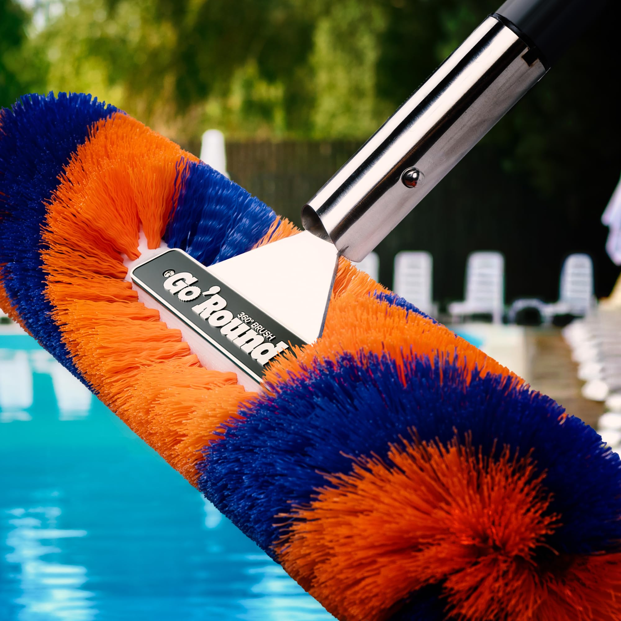 Blue Torrent Pumps GoRound 360 Pro Pool Brush demonstrates 360-degree cleaning for walls and floors.